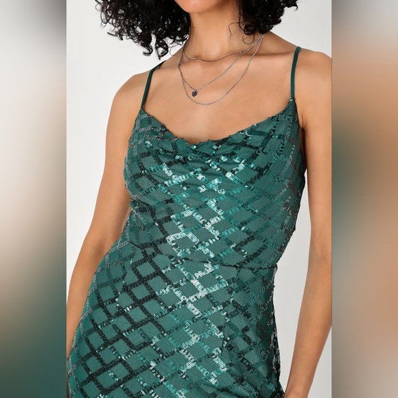 Lulus Stop and Glow Emerald Green Sequin Cowl Neck Maxi Dress S Wedding Party - Picture 4 of 12